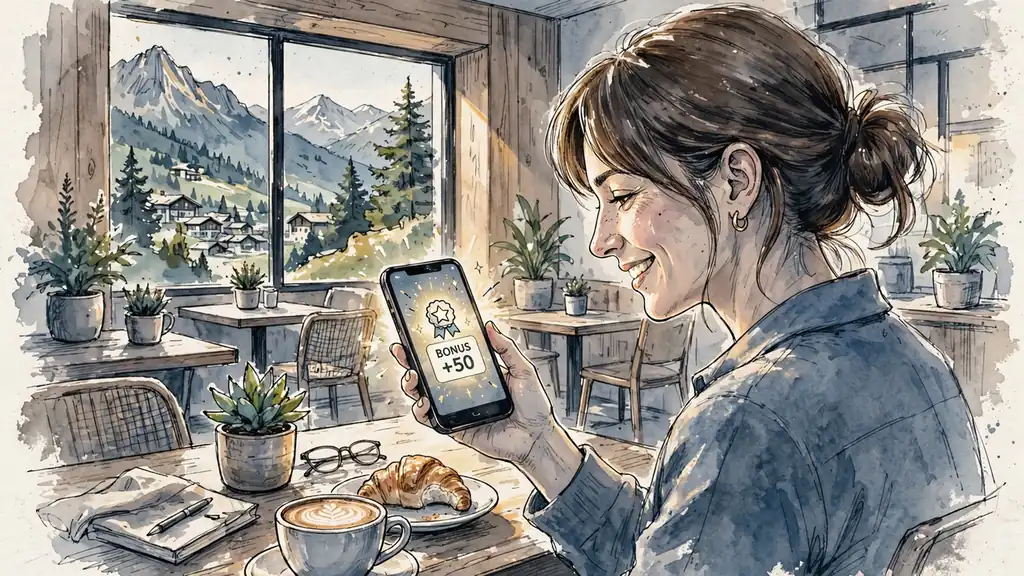 Junge Frau im Schweizer Café mit Bonus-Icon auf dem Handy