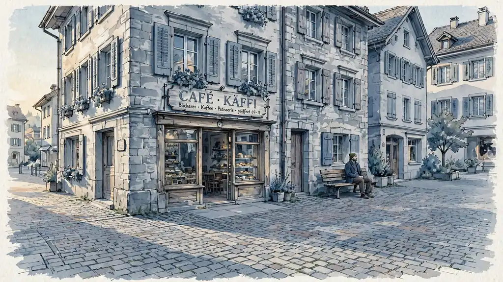 Morgendlicher Platz in einer Schweizer Stadt mit historischem Gebäude
