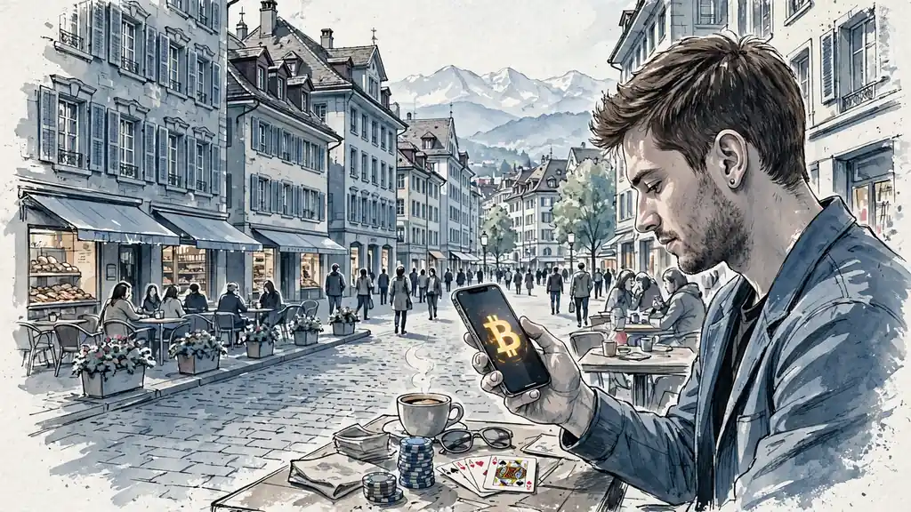 Junger Erwachsener mit Smartphone und Krypto-Logo in Zürich bei Tageslicht