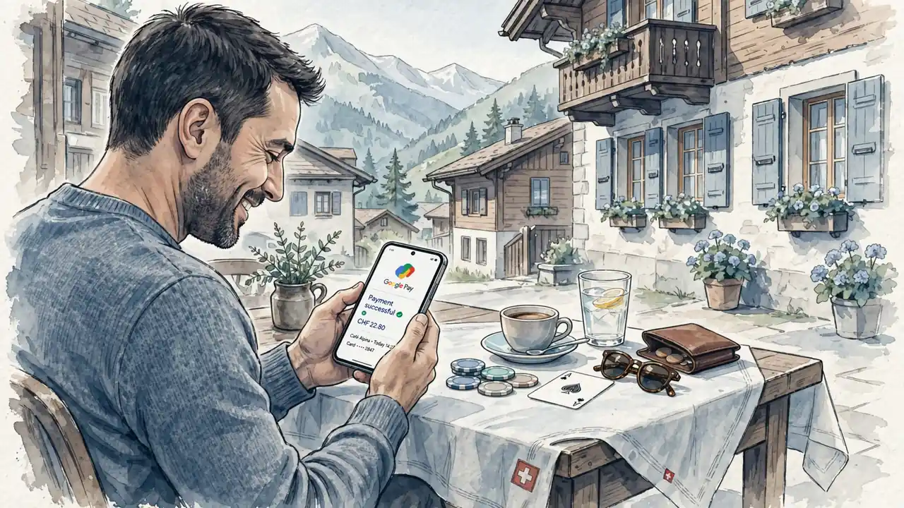 Person zahlt im Schweizer Café mit Google Pay