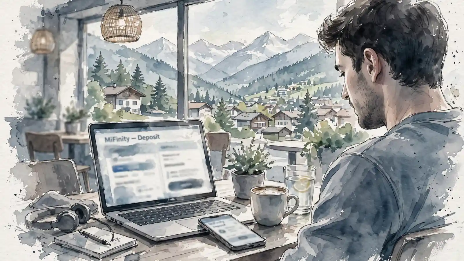 Junge Person bei Café in Zürich, Laptop und Smartphone, Alpenblick.