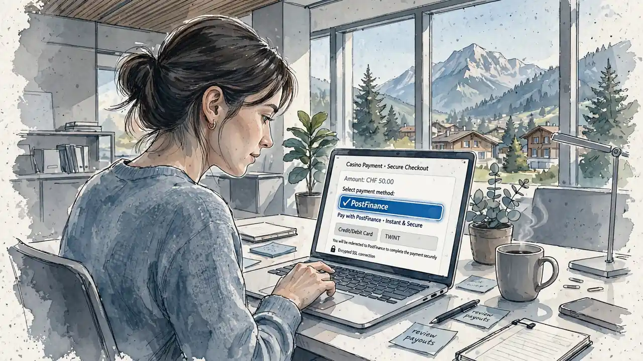 Junge Frau in modernem Schweizer Büro mit Laptop und PostFinance Einzahlung