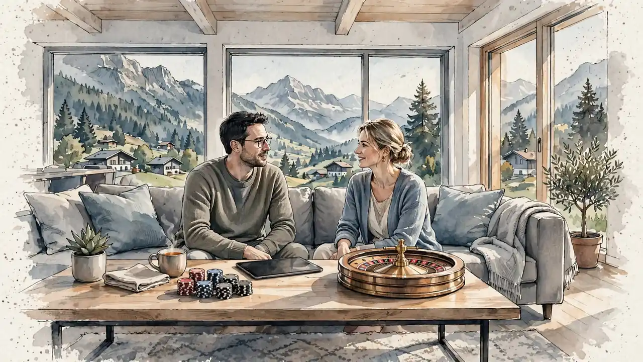 Modernes Wohnzimmer mit Alpenblick, Casinospielmaterialien, warmes Licht