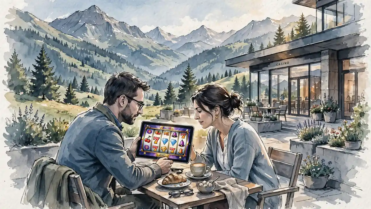 Schweizer Alpenlandschaft mit modernem Casino und Paar am Terrassencafé.