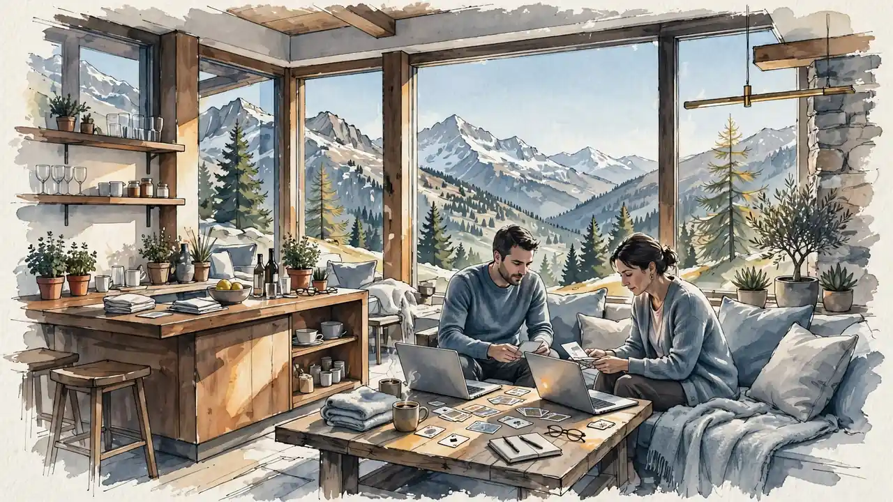 Alpines Resort-Lounge mit Menschen, Laptops und Karten, warme Lichtdurchflutung