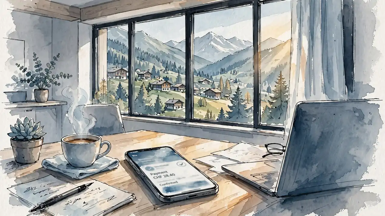 Modernes Schweizer Büro mit Laptop und Smartphone