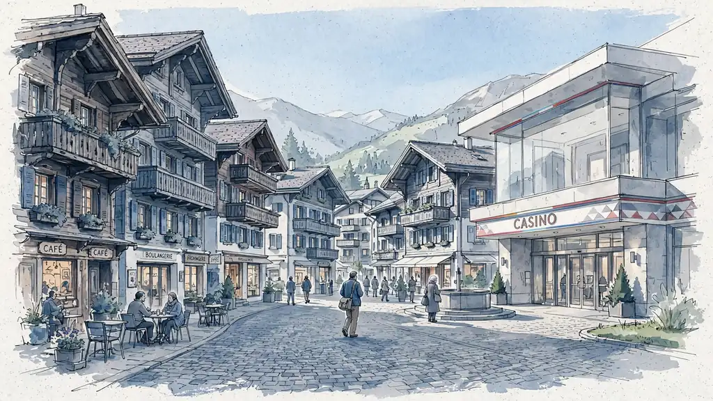 Schweizer Alpenplatz mit modernem Casino im Hintergrund bei Tageslicht