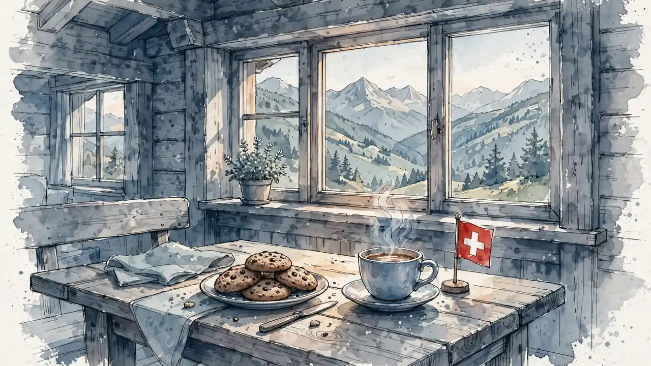 Gemütliche Schweiz-Hütte, auf dem Tisch Kekse, Kaffee und Schweizer Flagge bei warmem Licht.