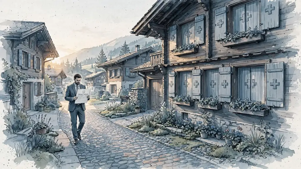 Alpines Dorf bei Sonnenaufgang, Geschäftsleute mit Datenschutzdokument.