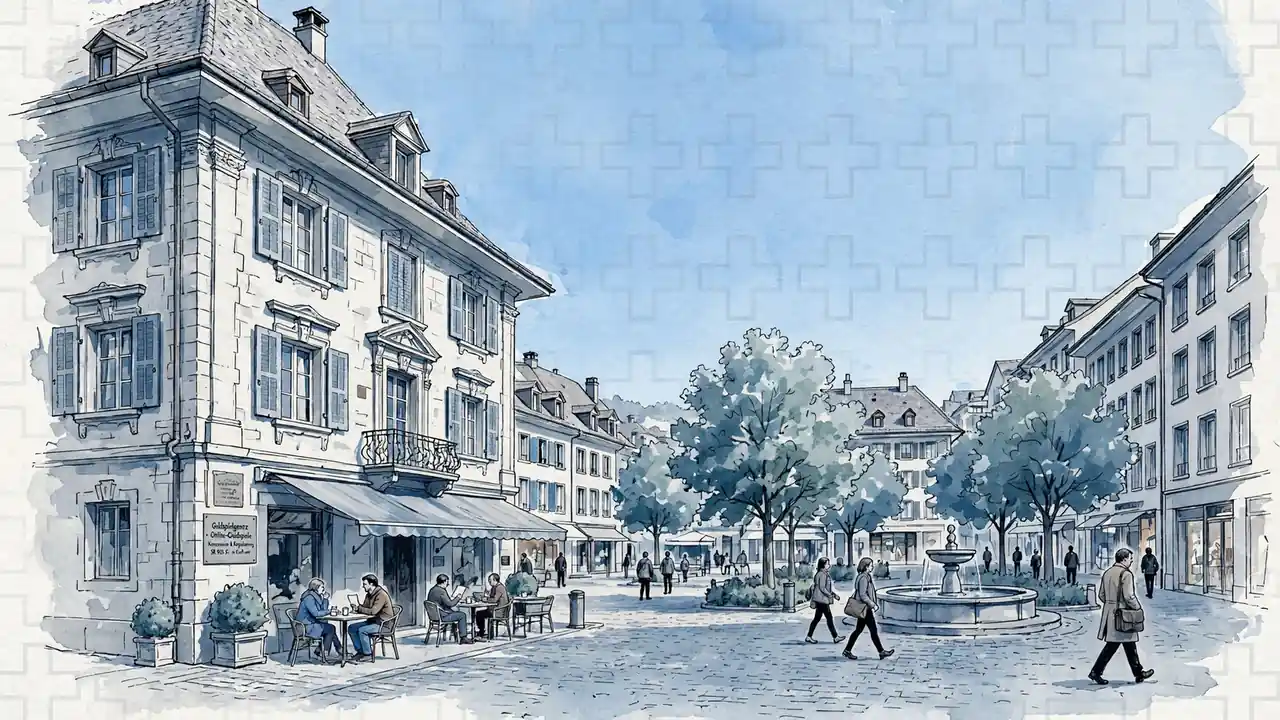 Schweizer Platz mit historischem Gebäude und Flaggenmotiven im Hintergrund