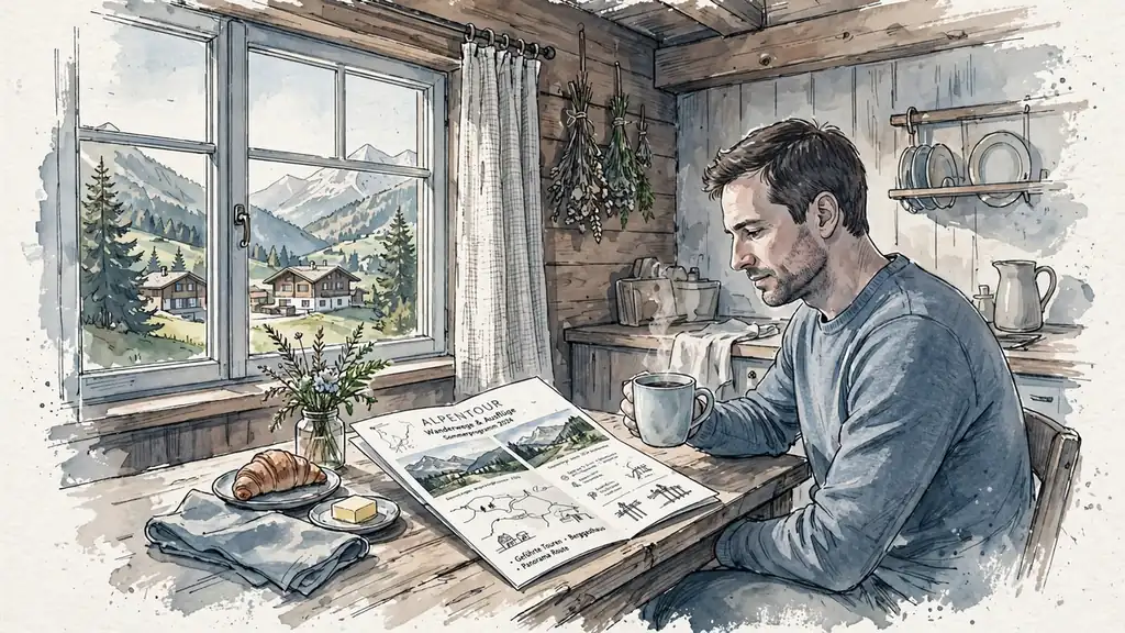 Person liest Werbebroschüre bei Morgenlicht mit Alpenblick