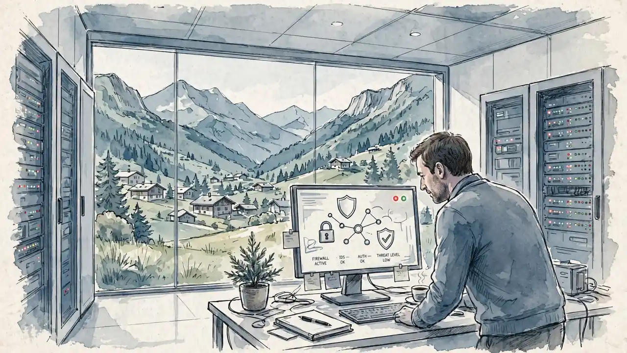 Techniker prüft Sicherheitsmonitor in Serverraum mit Alpenblick