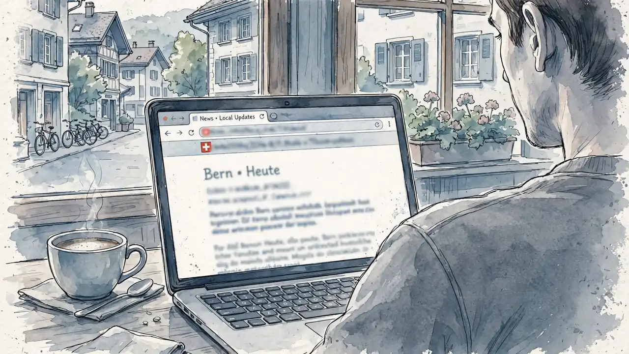 Laptop-Bildschirm mit unscharfer URL und Schweizer Flagge