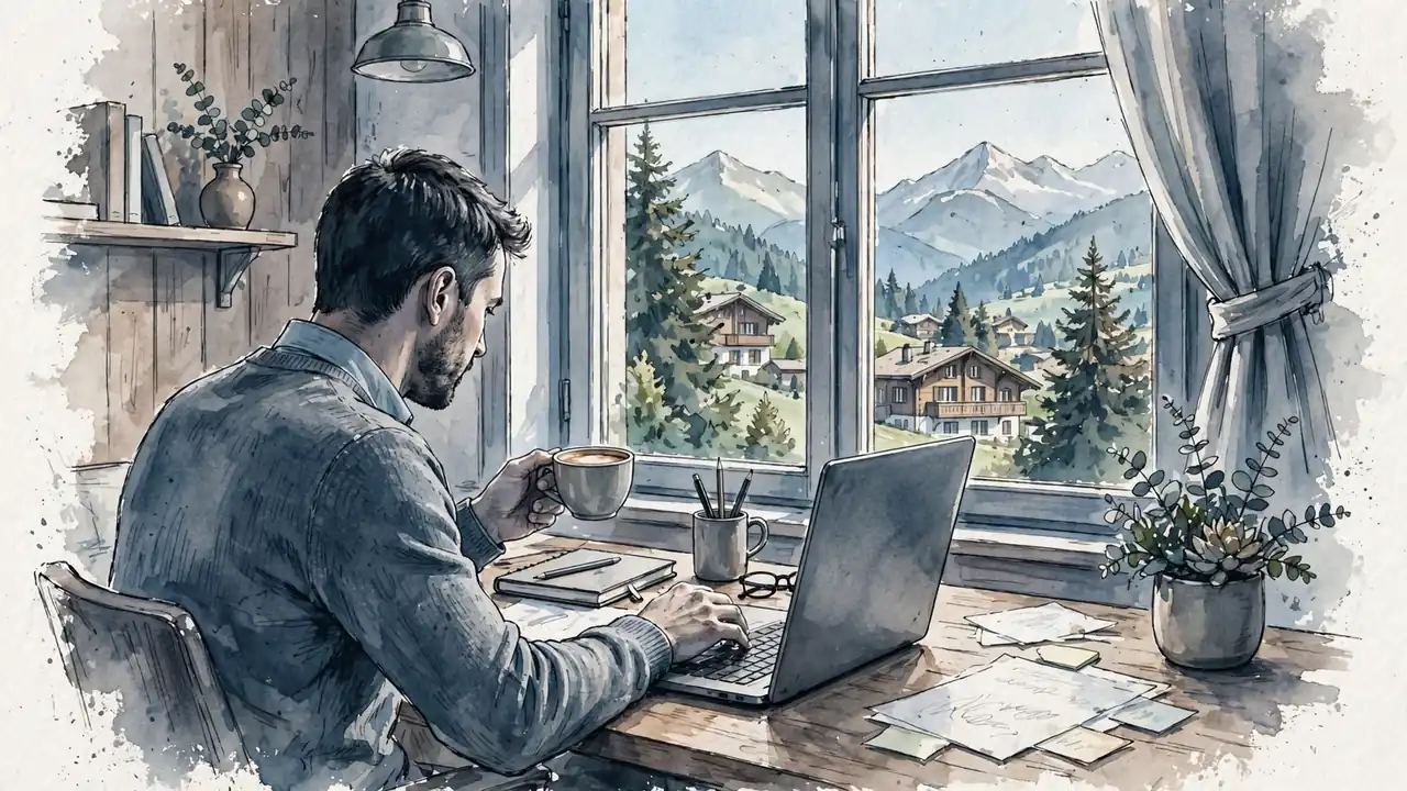 Schweizer Büro mit Fenster, Laptop, Kaffee und Berglandschaft