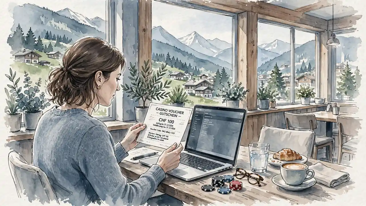 Junge Frau mit Gutschein in Schweizer Café, Laptop und Spielchips im Hintergrund