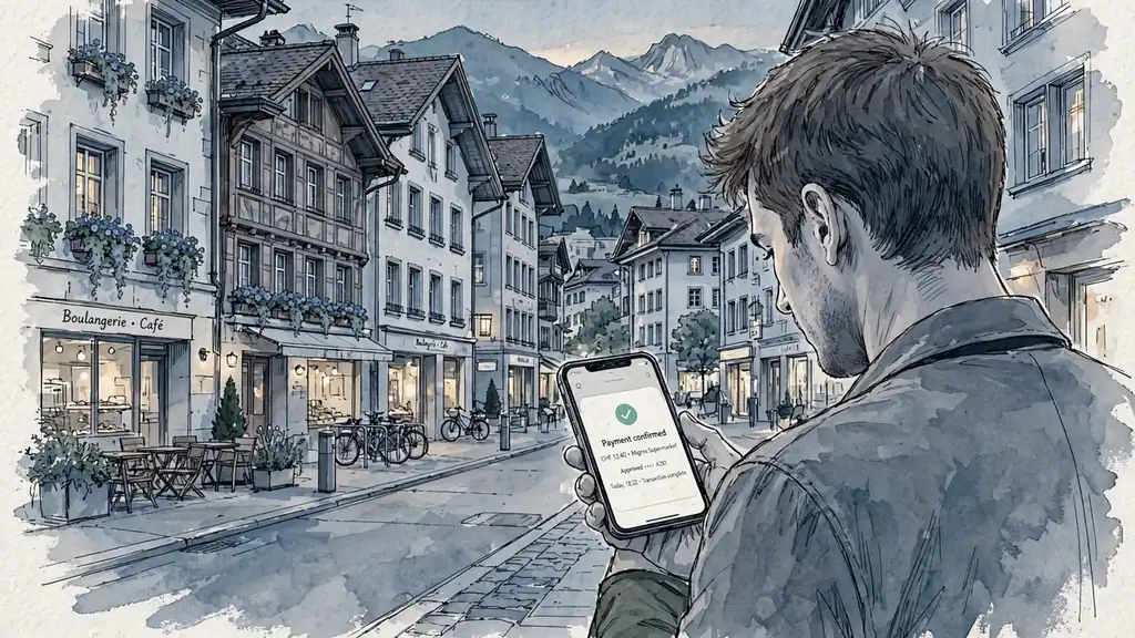 Junger Erwachsener mit Smartphone, schweizerische Stadtkulisse bei Abendlicht