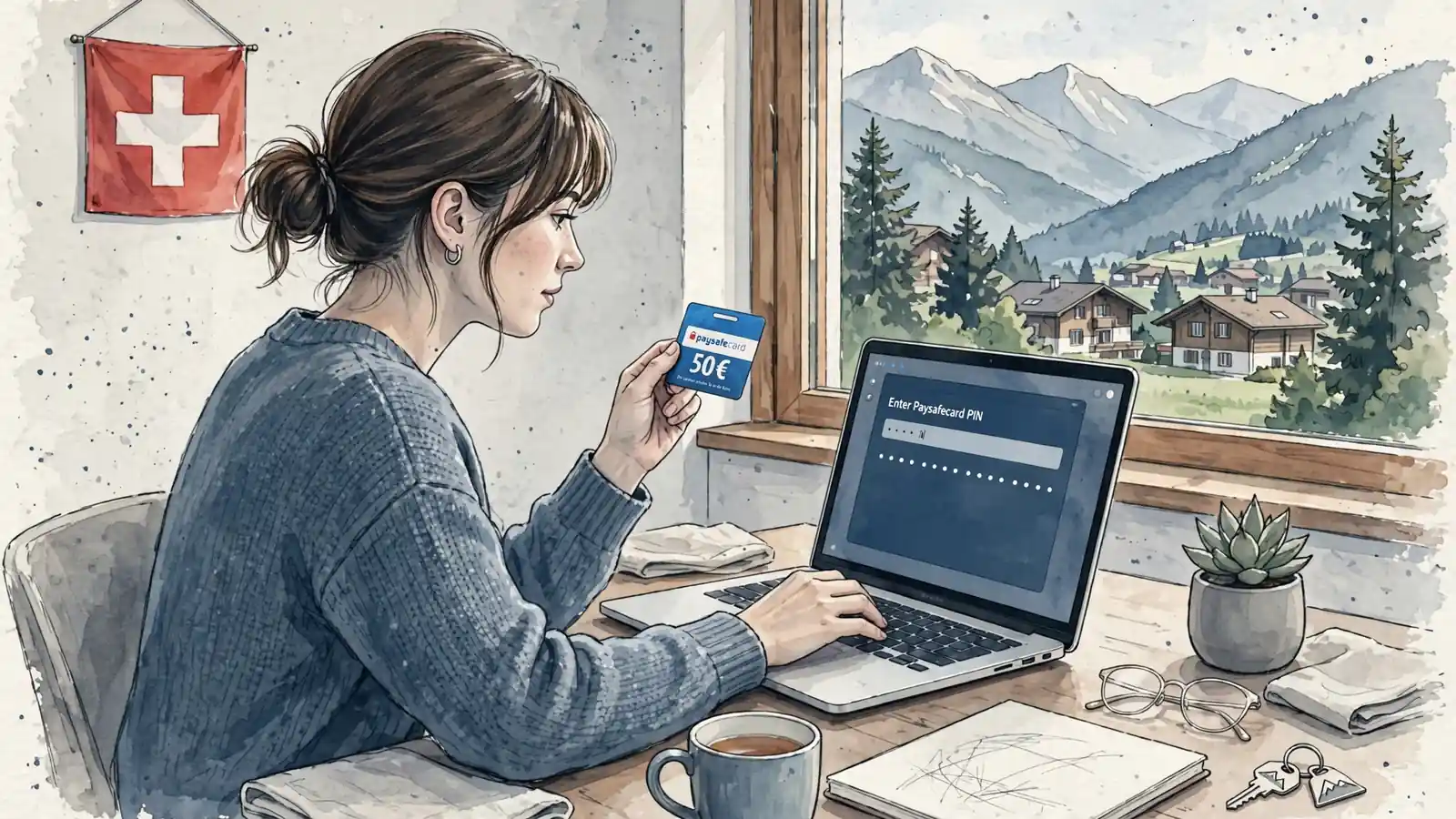 Schweizerin gibt Paysafecard-Code im Online-Casino am Laptop ein
