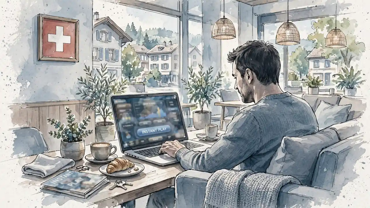 Modernes Schweizer Café mit Laptop, Sofas und Tageslicht