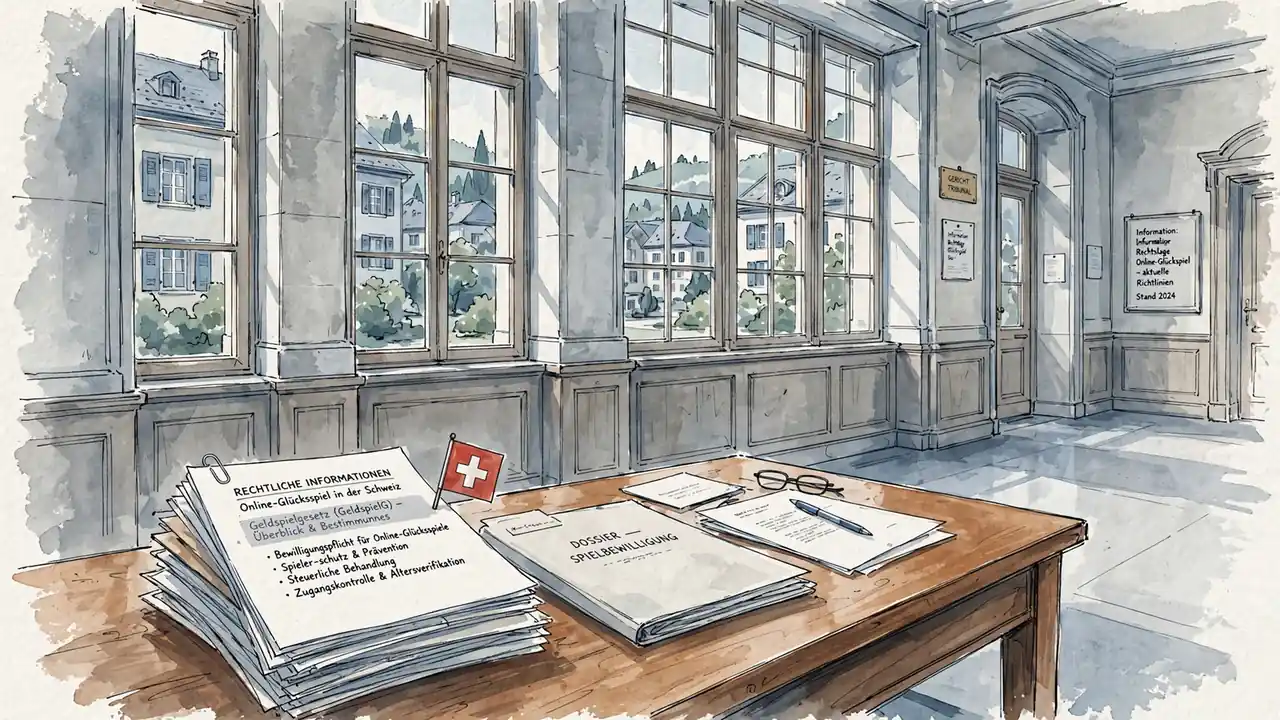 Büroszene in einem Schweizer Gerichtsgebäude mit Gesetzesunterlagen und Schweizer Flagge