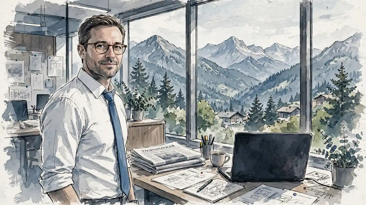 Vertrauenswürdiger Journalist im modernen Redaktionsbüro mit Alpenblick bei Tageslicht