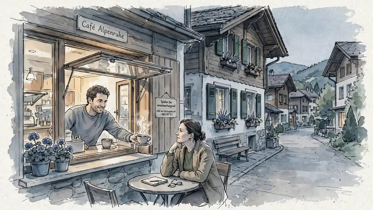 Schweizer Dorfstraße bei Abendlicht, Café mit verantwortungsvollem Spielen Hinweis